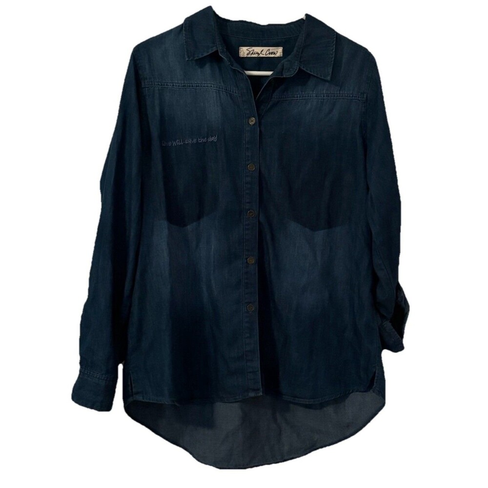Sheryl Crow Large Love Will Save The Day Cambray Denim Button Down Top Shirt